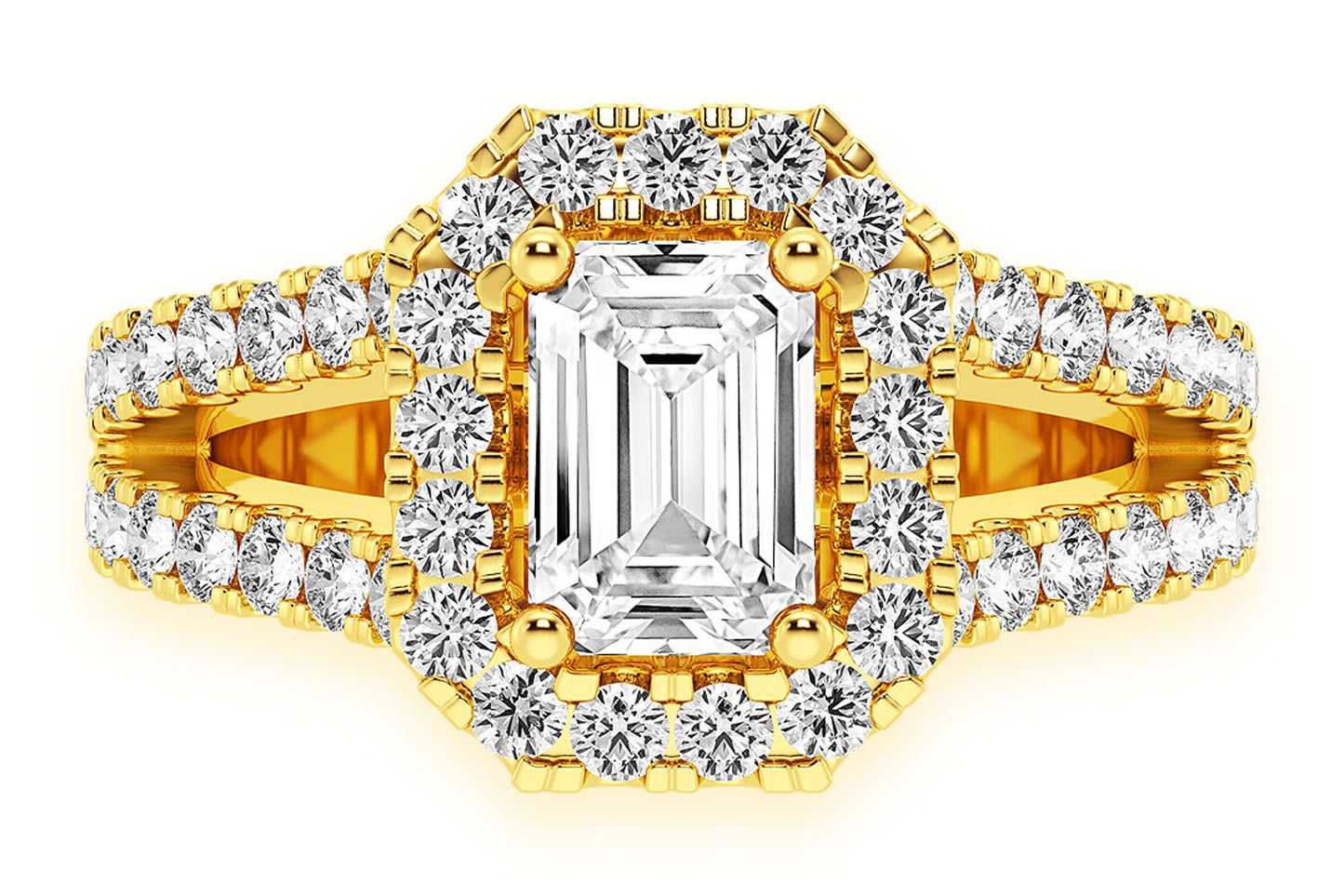 SPHINX - 0.75CT EMERALD CUT SOLITAIRE - HALO SPLIT SHANK - DIAMOND ENGAGEMENT RING