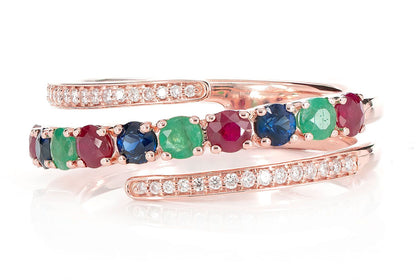 TRI COLORED GEM AND DIAMOND SEMI WRAP RING 14K SOLID GOLD 1.00CTW