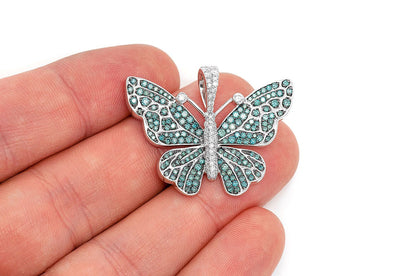 BUTTERFLY BLUE DIAMOND PENDANT 14K SOLID GOLD 1.75CTW