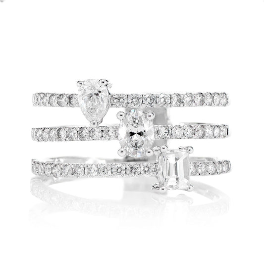 THREE ROW MULTI SHAPE DIAMOND OPEN RING 14K SOLID GOLD