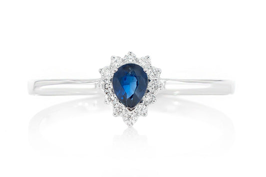INEL DE LOGODNĂ CU SAFIR 0.20CT FORMĂ DE PARĂ ȘI DIAMANT HALO, AUR MASIVUL DE 14K, 0.30CT
