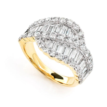 BAGUETTE AND ROUND DIAMOND WAVE RING 14K SOLID GOLD 2.75CTW