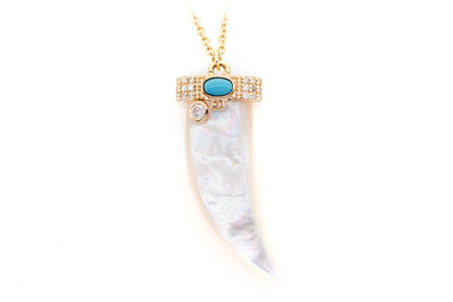 MOTHER OF PEARL HORN DIAMOND TURQUOISE PENDANT & NECKLACE 14K SOLID GOLD
