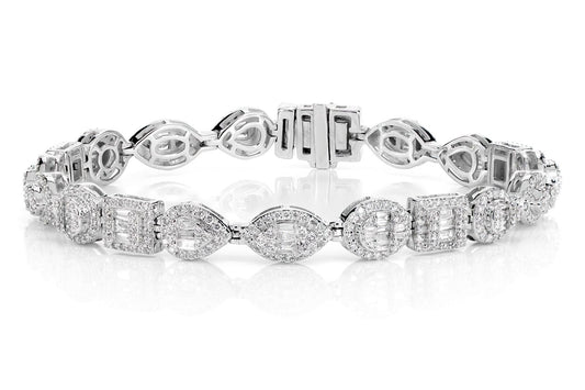 BAGUETTE AND ROUND MULTI SHAPE LINK DIAMOND BRACELET 14K SOLID GOLD 4.00CTW