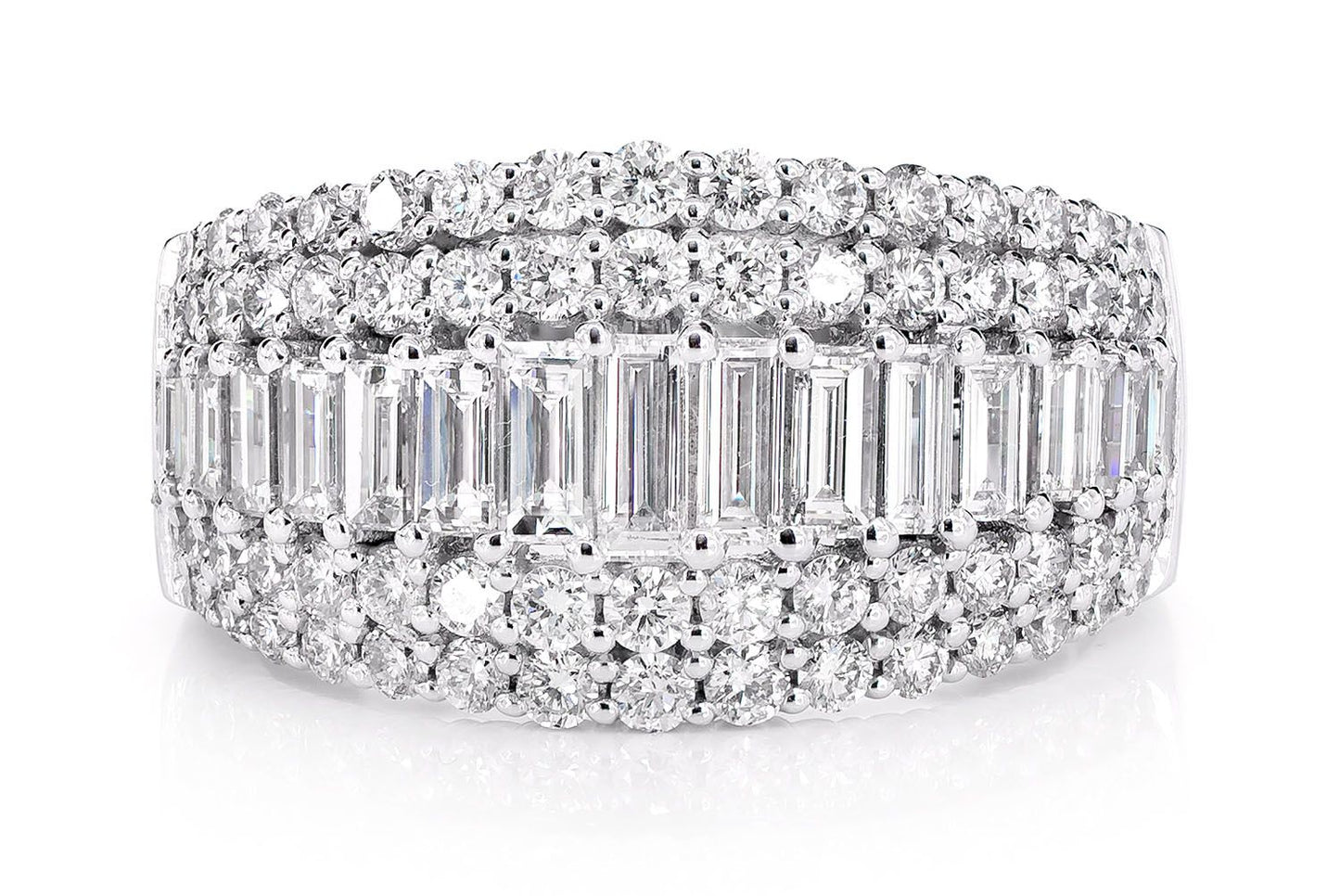 FOUR ROW GRADUATED BAGUETTE AND ROUND DIAMOND RING 14K SOLID GOLD 2.00CTW