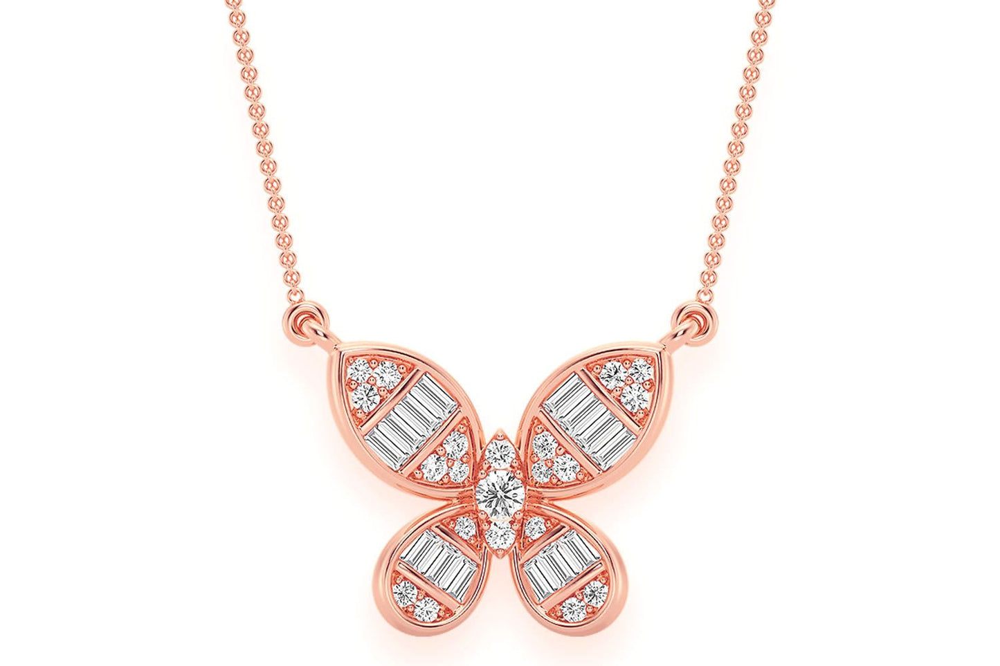 BUTTERFLY BAGUETTE DIAMOND NECKLACE CONNECTED 14K SOLID GOLD 0.33CTW