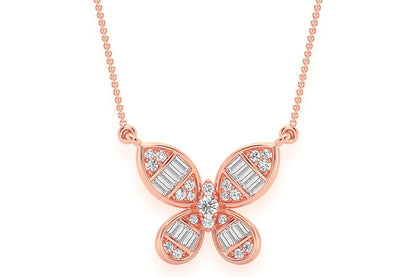 BUTTERFLY BAGUETTE DIAMOND NECKLACE CONNECTED 14K SOLID GOLD 0.33CTW