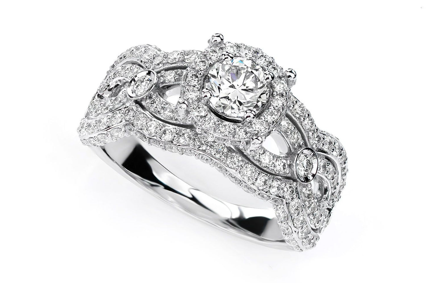 ROUND HALO WIDE TWISTED SHANK DIAMOND ENGAGEMENT RING - 1.85CTW