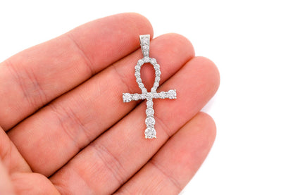 GRADUATED EGYPTIAN ANKH DIAMOND PENDANT 14K SOLID GOLD 1.50CTW