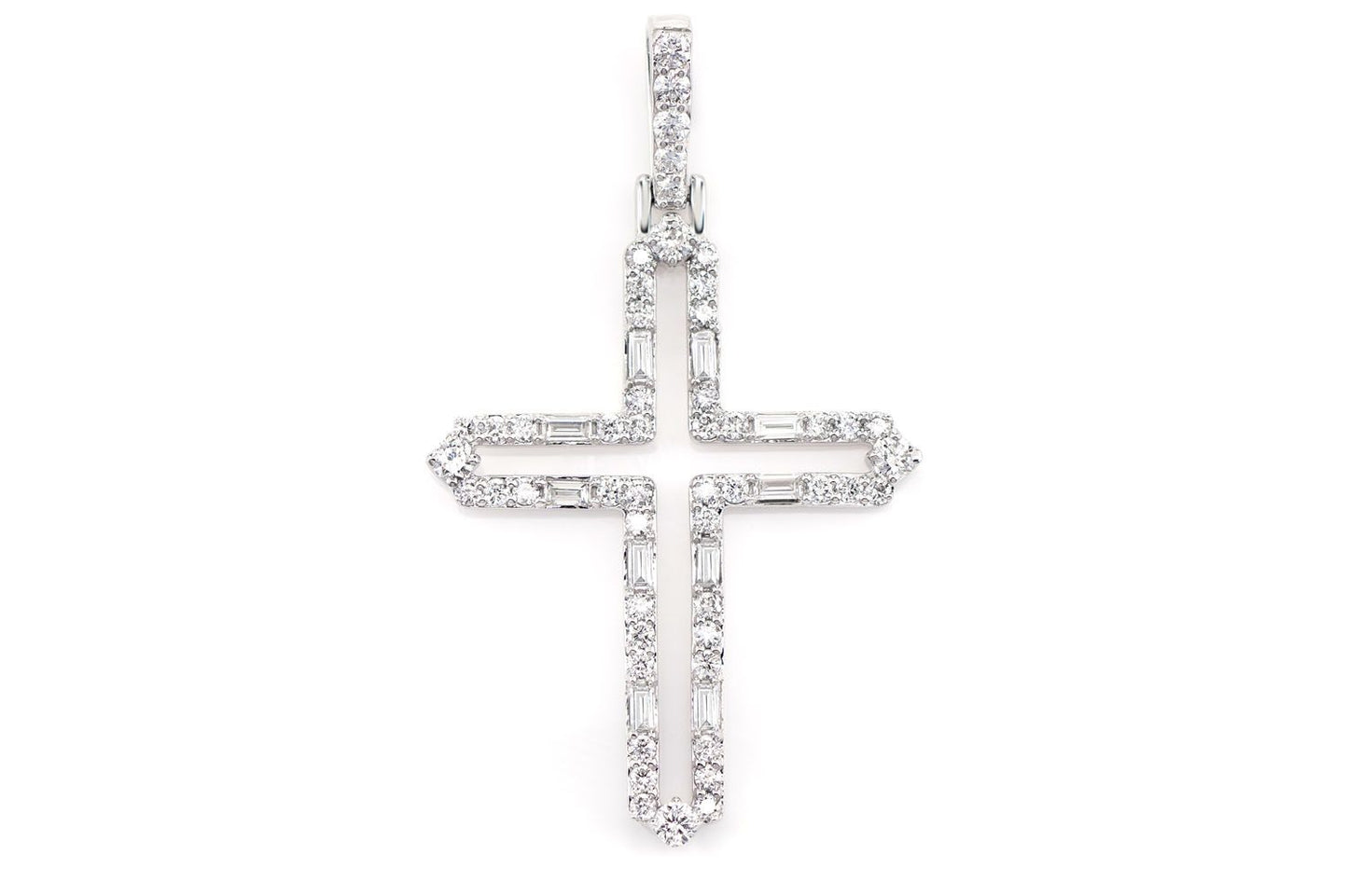 FOUR POINT ROUND AND BAGUETTE DIAMOND OPEN CROSS PENDANT 14K SOLID GOLD 0.50CTW
