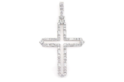 FOUR POINT ROUND AND BAGUETTE DIAMOND OPEN CROSS PENDANT 14K SOLID GOLD 0.50CTW