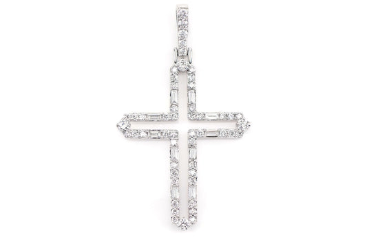FOUR POINT ROUND AND BAGUETTE DIAMOND OPEN CROSS PENDANT 14K SOLID GOLD 0.50CTW