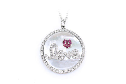 MOTHER OF PEARL LOVE DISC HALO DIAMOND PENDANT ATTACHED NECKLACE 14K SOLID GOLD 0.35CTW