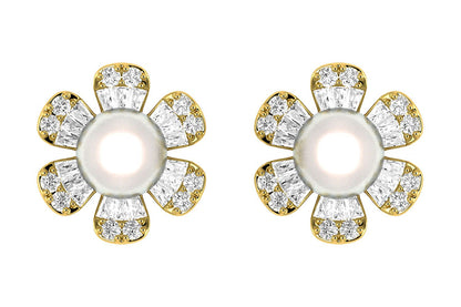 PEARL DIAMOND DAISY STUD EARRINGS 14K SOLID GOLD 0.30CTW