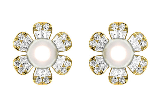 PEARL DIAMOND DAISY STUD EARRINGS 14K SOLID GOLD 0.30CTW
