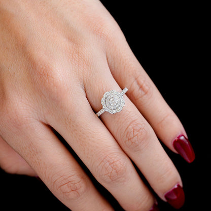 0.66CTW DOUBLE HALO SCROLL DIAMOND ENGAGEMENT RING 14K SOLID GOLD - 0.66CTW