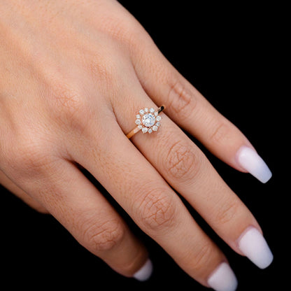 0.70CTW HALO FLOWER BEZEL DIAMOND ENGAGEMENT RING 14K SOLID GOLD