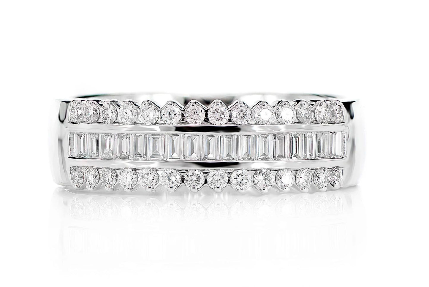 ONE ROW BAGUETTE & ROUND DIAMOND BORDER RING 14K SOLID GOLD 0.50CTW