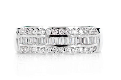 ONE ROW BAGUETTE & ROUND DIAMOND BORDER RING 14K SOLID GOLD 0.50CTW