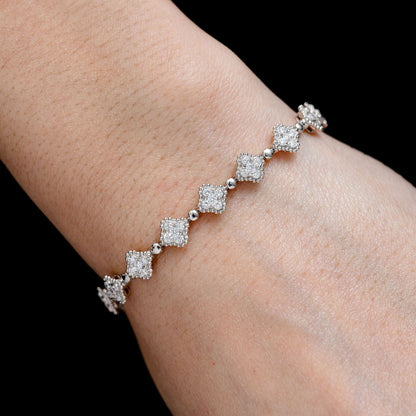 BEADED MILGRAIN CLOVER DIAMOND BRACELET 14K SOLID GOLD 1.84CTW