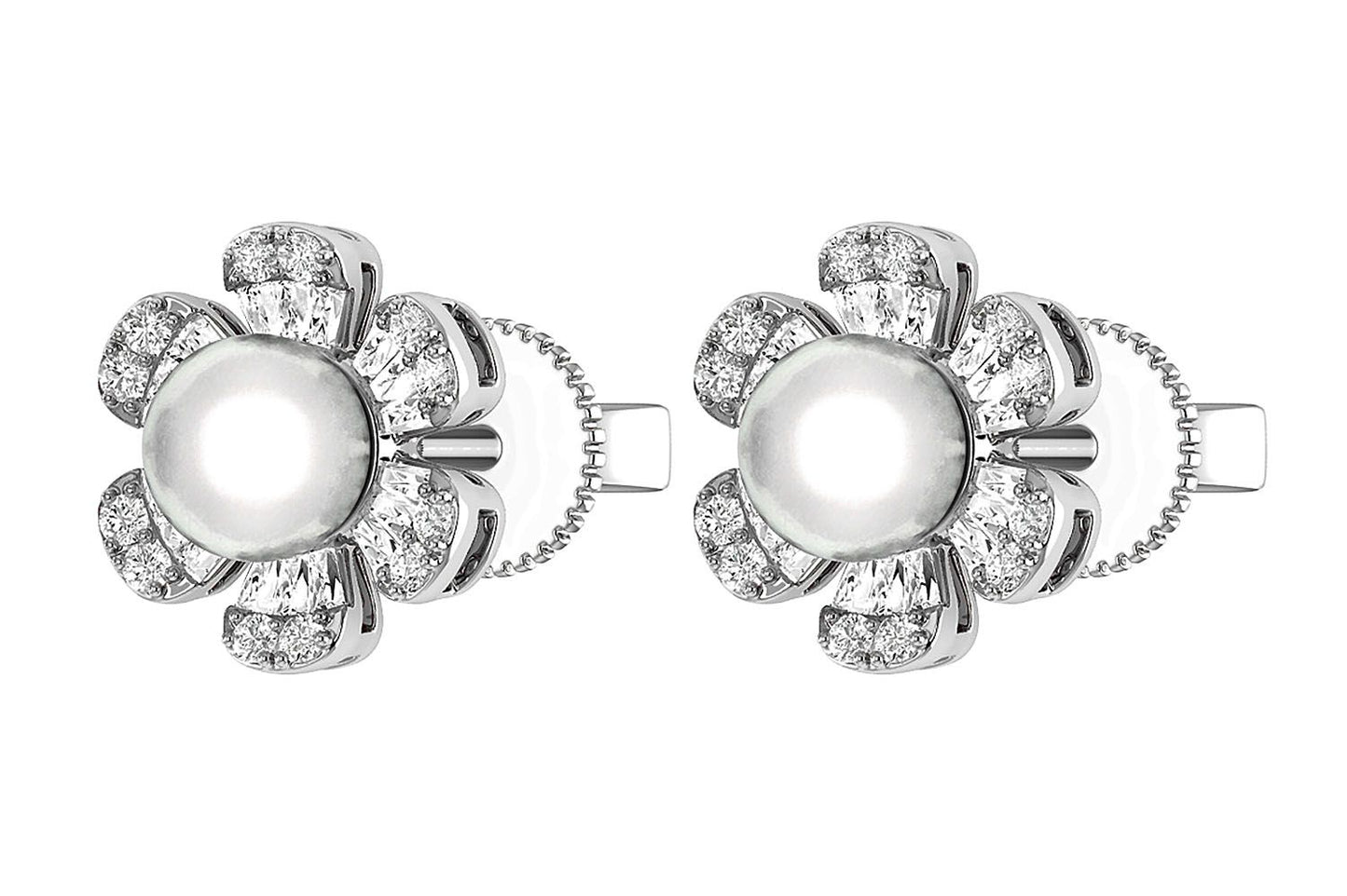 PEARL DIAMOND DAISY STUD EARRINGS 14K SOLID GOLD 0.30CTW