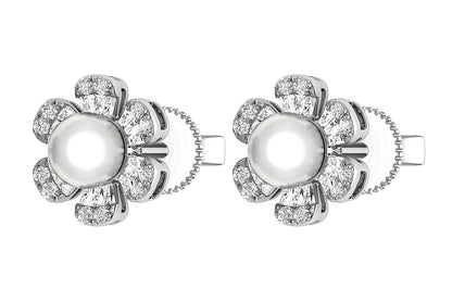 PEARL DIAMOND DAISY STUD EARRINGS 14K SOLID GOLD 0.30CTW