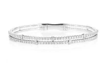 TWO ROW SCATTERED BEZEL FLEX BANGLE BRACELET 14K SOLID GOLD 1.55CTW