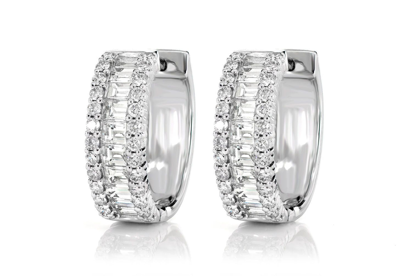 ROUND BORDER AND BAGUETTE DIAMOND HOOP EARRINGS 14K GOLD 2.00CTW