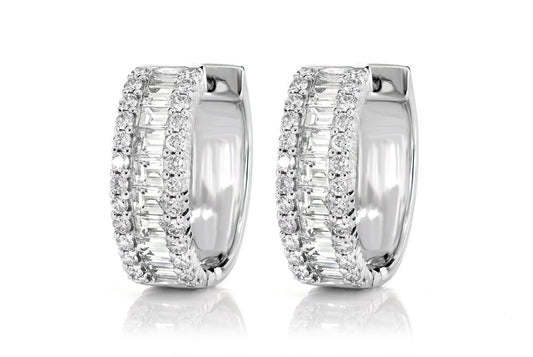 ROUND BORDER AND BAGUETTE DIAMOND HOOP EARRINGS 14K GOLD 2.00CTW