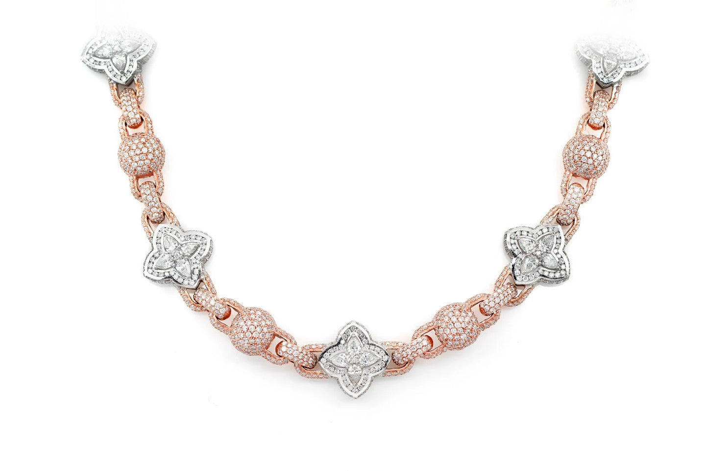 BEADED FLORAL MARQUISE DIAMOND LINK NECKLACE 14K SOLID GOLD 24.50CTW