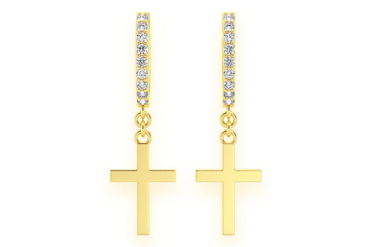 PLAIN CROSS HOOP DIAMOND EARRINGS 14K SOLID GOLD 0.10CTW