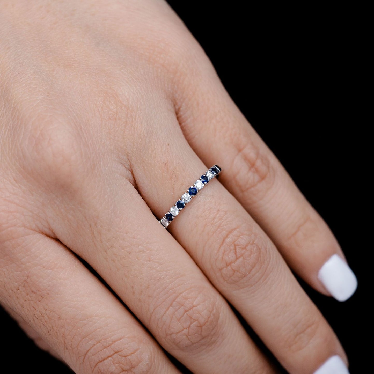 SINGLE ROW SAPPHIRE AND DIAMOND BAND RING 14K SOLID GOLD 0.38CTW