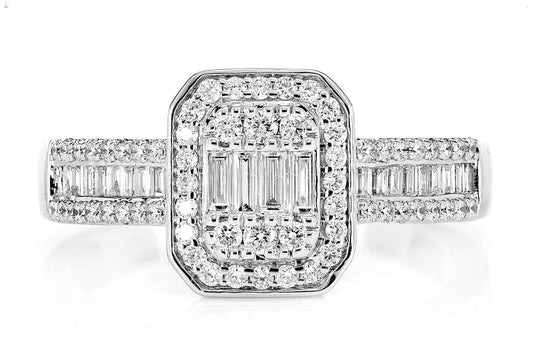 BAGUETTE CLUSTER & ROUND DIAMOND HALO ENGAGEMENT RING - 0.50CTW