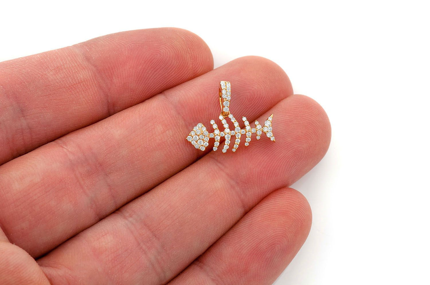 Pandantiv Bare Bone Fish cu diamant, aur masiv de 14k, 0.33ct