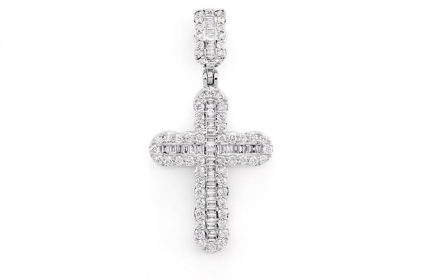 ROUND AND BAGUETTE DIAMOND CROSS PENDANT 14K SOLID GOLD 0.66CTW