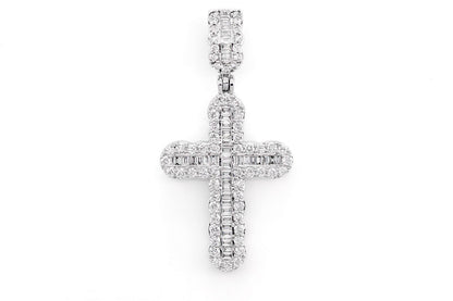 ROUND AND BAGUETTE DIAMOND CROSS PENDANT 14K SOLID GOLD 0.66CTW