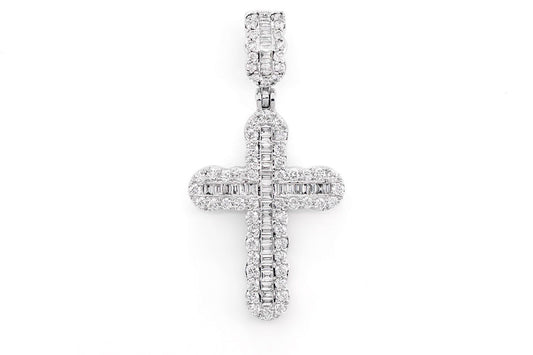 ROUND AND BAGUETTE DIAMOND CROSS PENDANT 14K SOLID GOLD 0.66CTW
