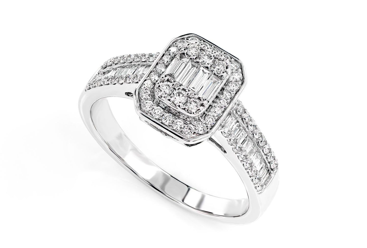 BAGUETTE CLUSTER & ROUND DIAMOND HALO ENGAGEMENT RING - 0.50CTW