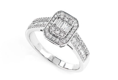 BAGUETTE CLUSTER & ROUND DIAMOND HALO ENGAGEMENT RING - 0.50CTW