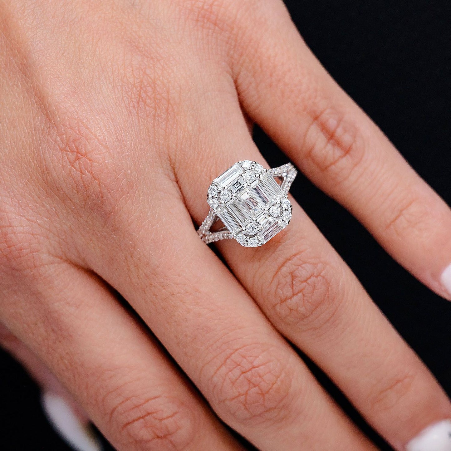 1.85CTW CLUSTER SPLIT SHANK BAGUETTE AND ROUND DIAMOND ENGAGEMENT RING 14K SOLID GOLD
