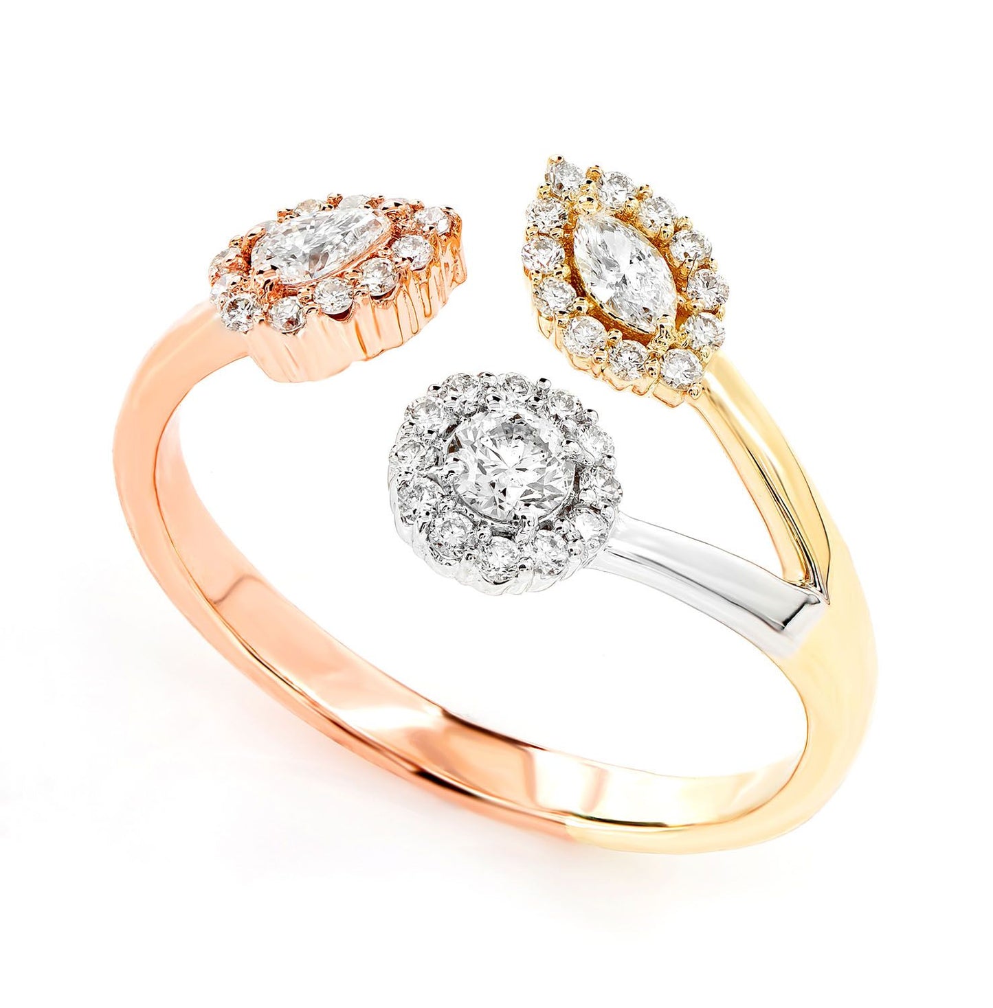 TRI TONE MULTI SHAPE OPEN BYPASS DIAMOND RING 14K SOLID GOLD 0.45CTW