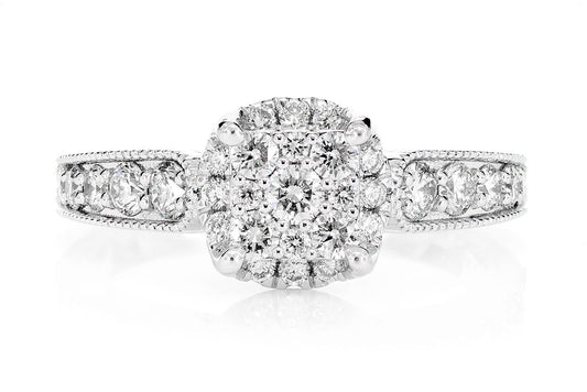 0.75CTW SQUARE PAVE CENTER - DIAMOND ENGAGEMENT RING - 14K SOLID GOLD
