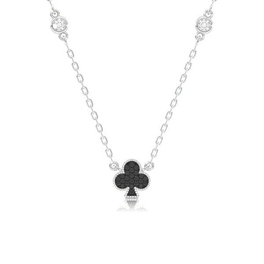CLUB PLAYING CARD SYMBOL PENDANT ATTACHED NECKLACE 14K SOLID GOLD 0.30CTW