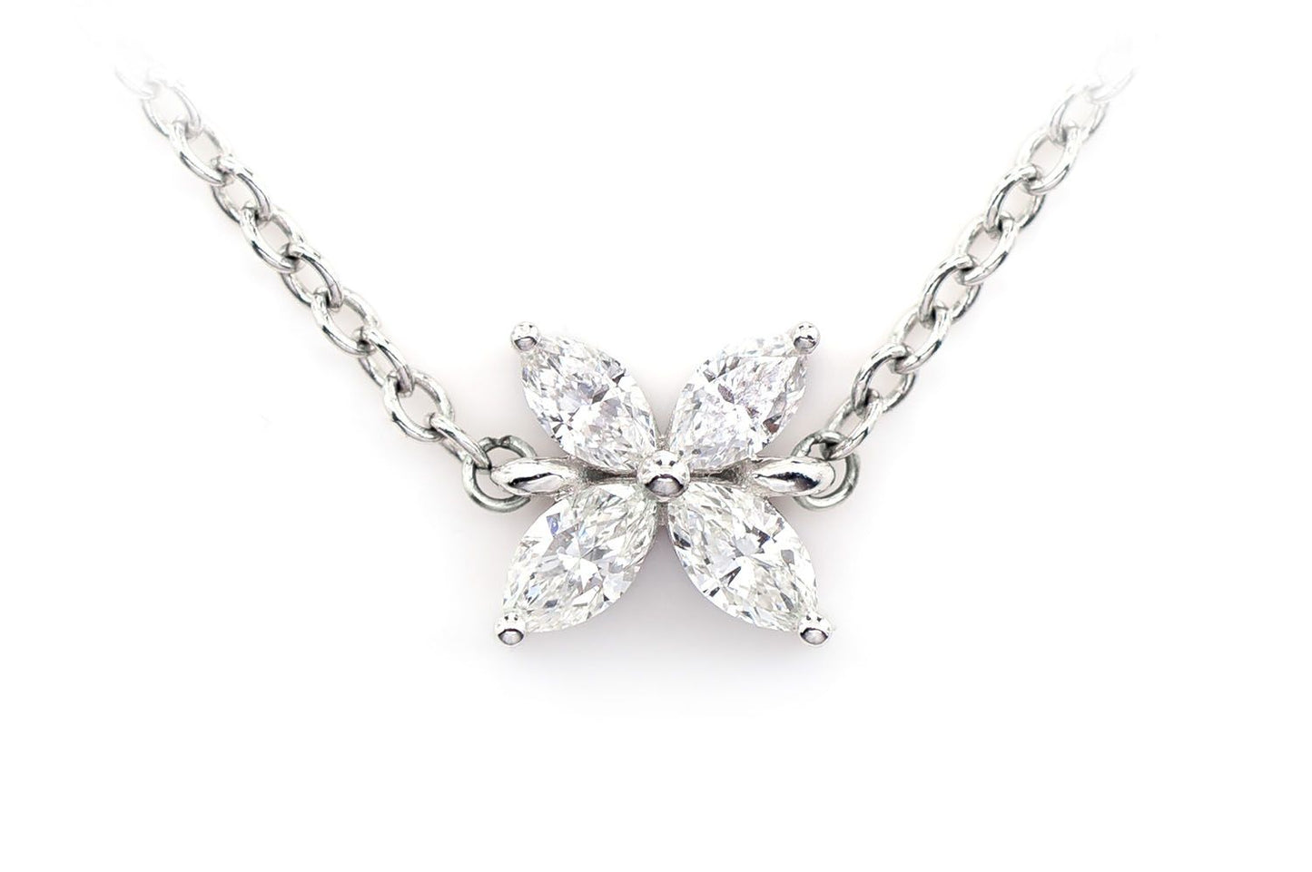 MARQUISE DIAMOND FLOWER PENDANT ATTACHED NECKLACE 14K SOLID GOLD 0.35CTW