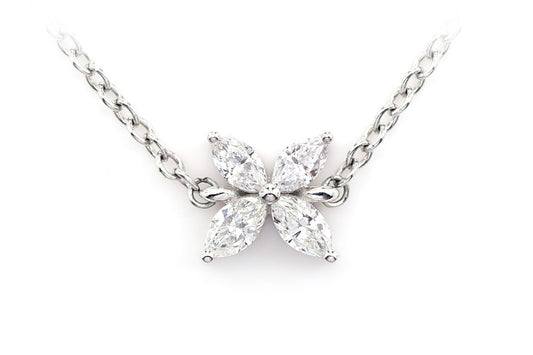 MARQUISE DIAMOND FLOWER PENDANT ATTACHED NECKLACE 14K SOLID GOLD 0.35CTW
