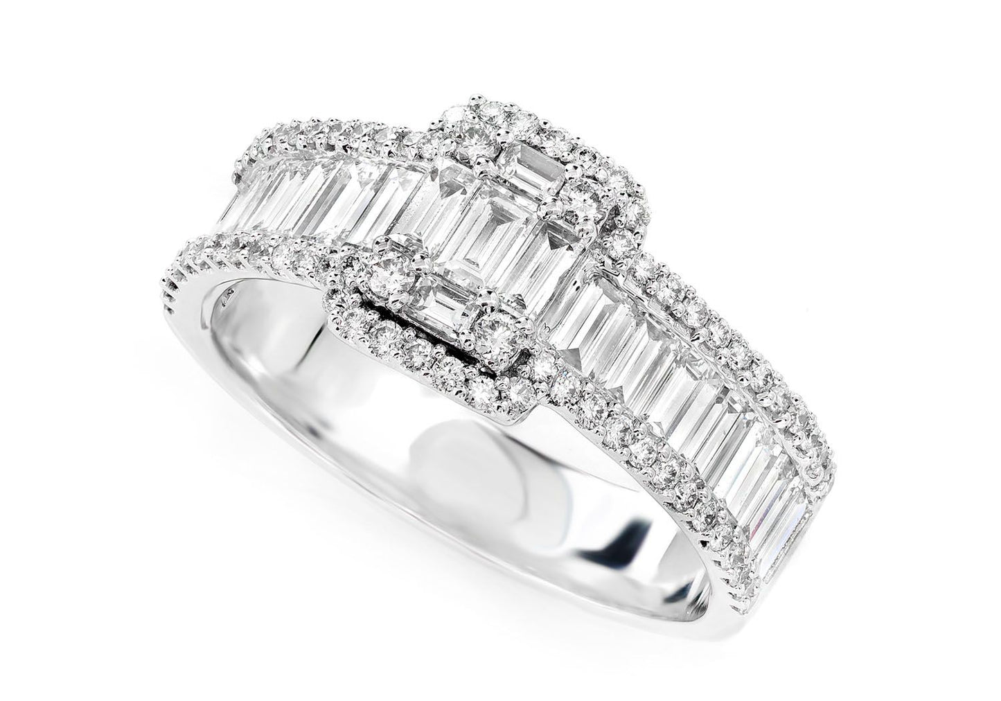 1.55CTW BAGUETTE RAISED CLUSTER THREE ROW DIAMOND ENGAGEMENT RING 14K SOLID GOLD