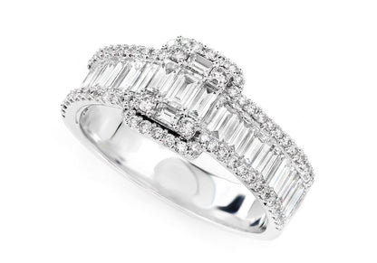 1.55CTW BAGUETTE RAISED CLUSTER THREE ROW DIAMOND ENGAGEMENT RING 14K SOLID GOLD