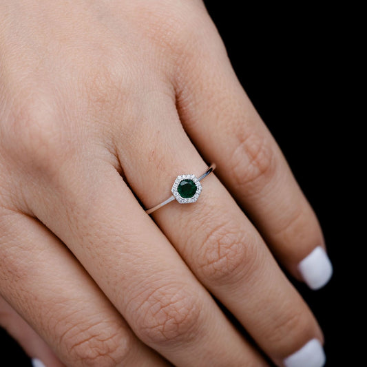 INEL HEXAGON HALO CU SMARALD ȘI DIAMANT, AUR MASIV DE 14K, 0.25CTW