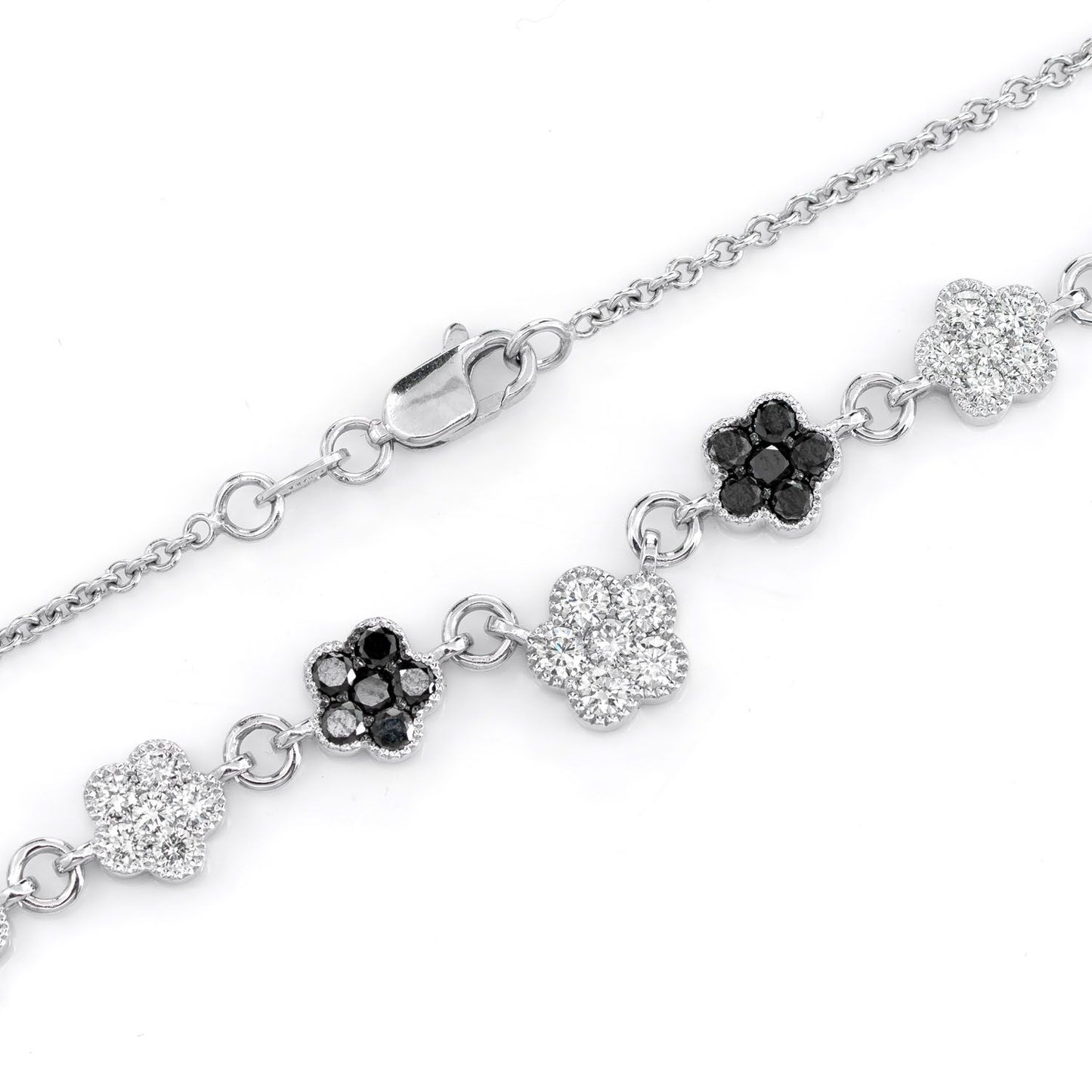 BLACK & WHITE DIAMOND CLOVER STATION CHAIN 14K SOLID GOLD 5.00CTW
