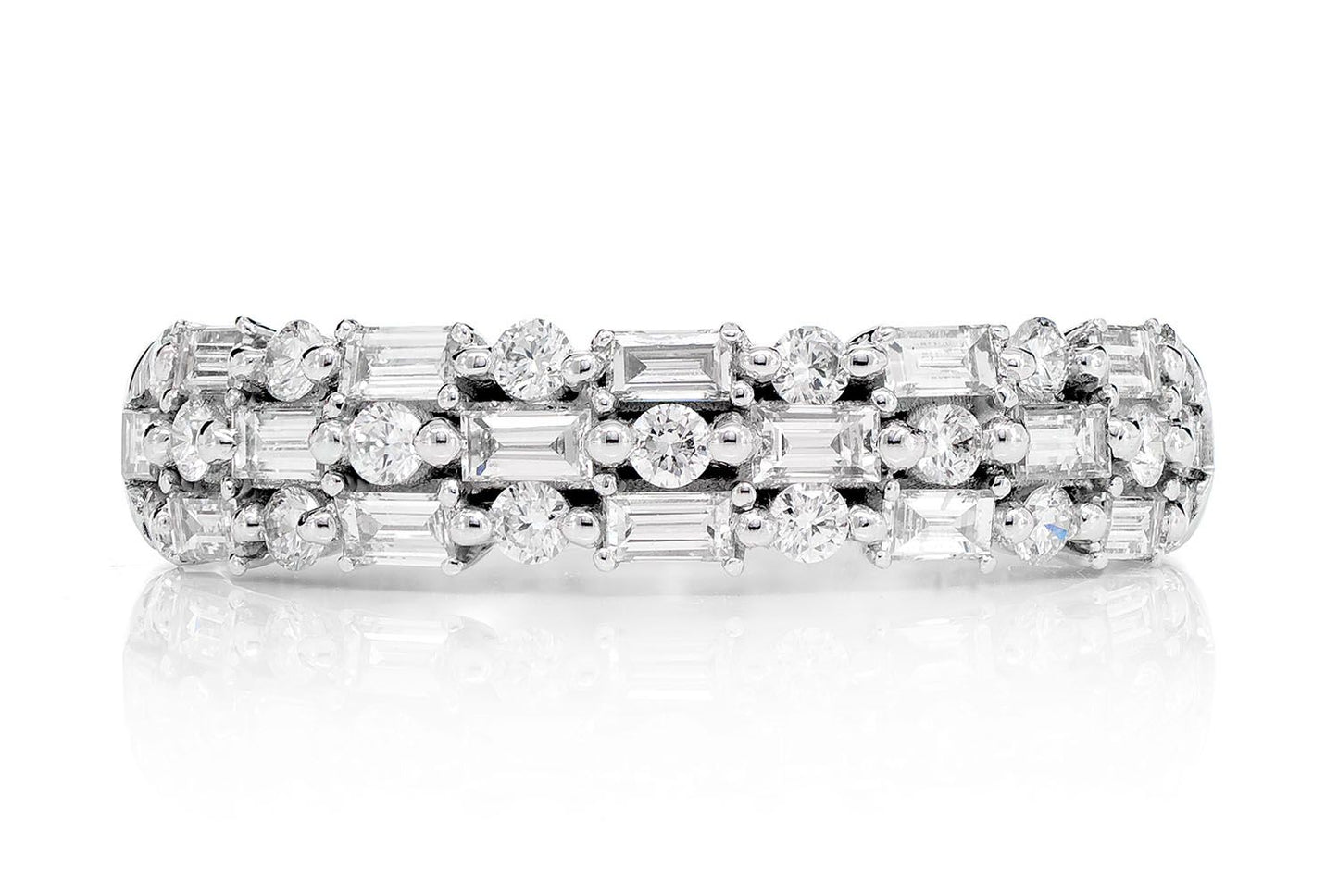 THREE ROW ALTERNATING ROUND AND BAGUETTE DIAMOND RING 14K SOLID GOLD 0.90CTW